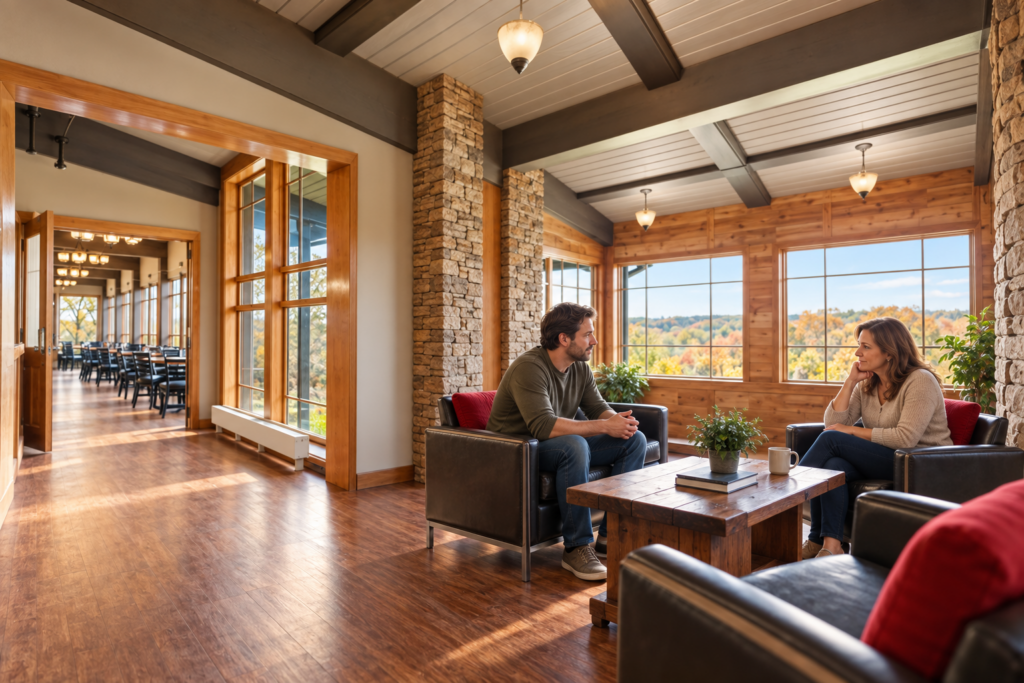 A man and woman sit in leather armchairs discussing early signs of alcoholism in The Bluffs' sunlit, wood-beamed lounge with fall foliage views.